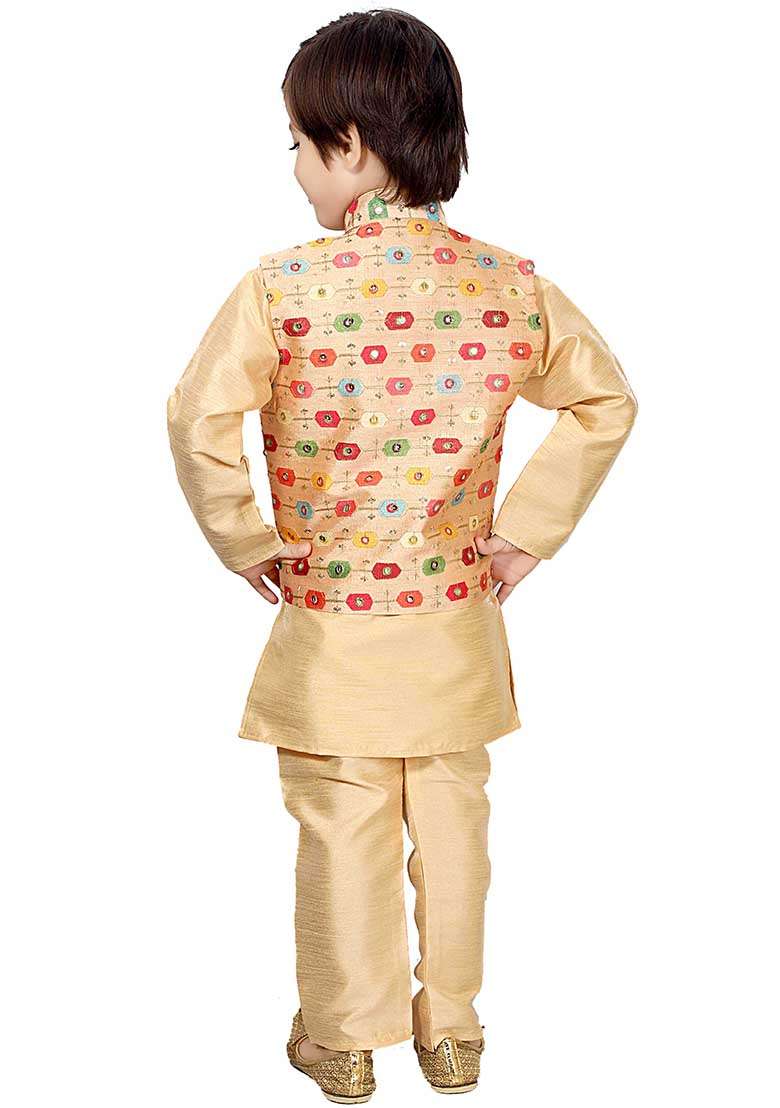 Yellow Printed Cotton Blend Kurta Set With Jacket For Boys - Indya