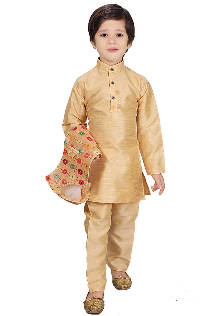 Yellow Printed Cotton Blend Kurta Set With Jacket For Boys - Indya