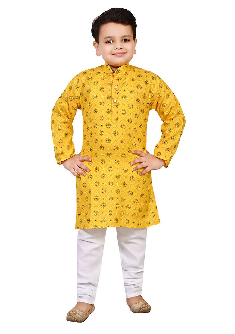 Yellow Printed Cotton Blend Kurta Set For Boys - Indya