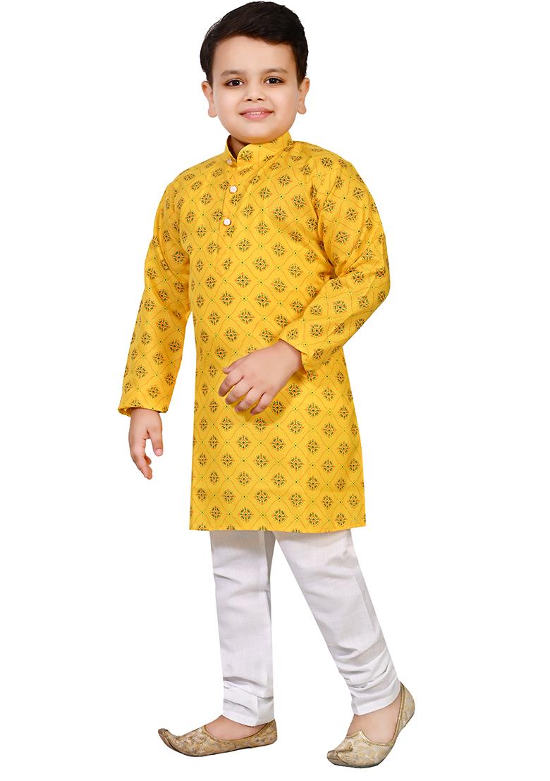 Yellow Printed Cotton Blend Kurta Set For Boys - Indya