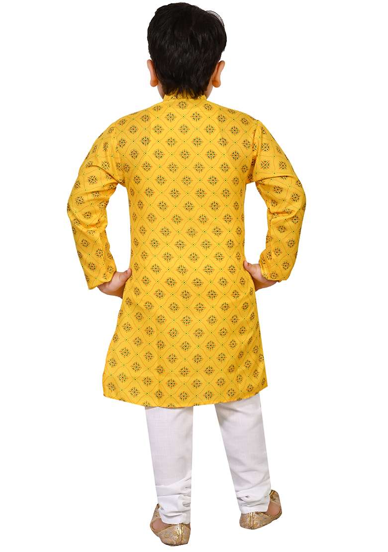 Yellow Printed Cotton Blend Kurta Set For Boys - Indya