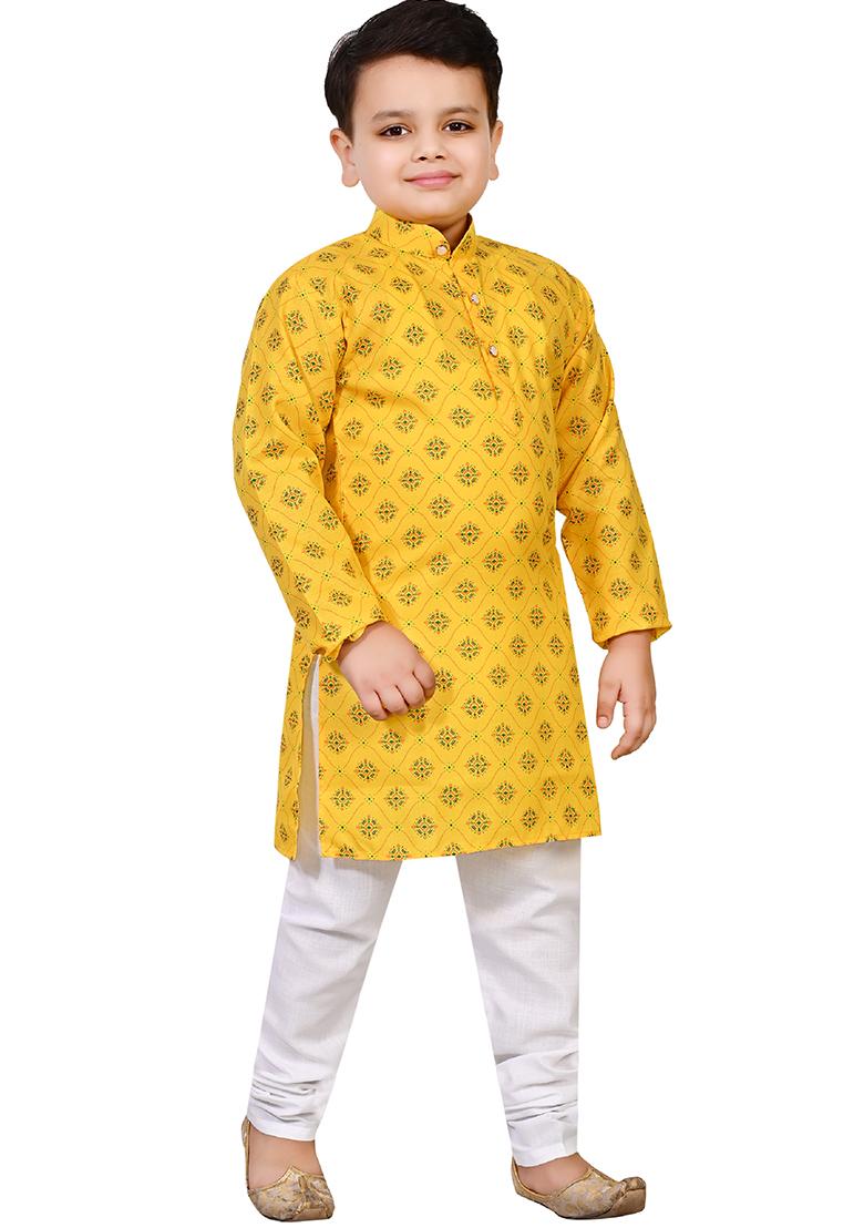 Yellow Printed Cotton Blend Kurta Set For Boys - Indya
