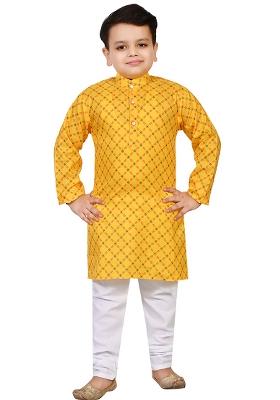 Yellow Printed Cotton Blend Kurta Set For Boys