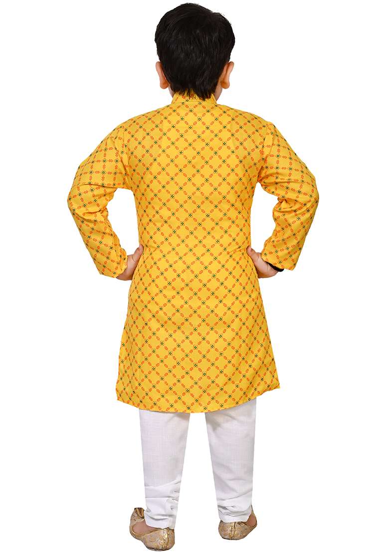 Yellow Printed Cotton Blend Kurta Set For Boys - Indya