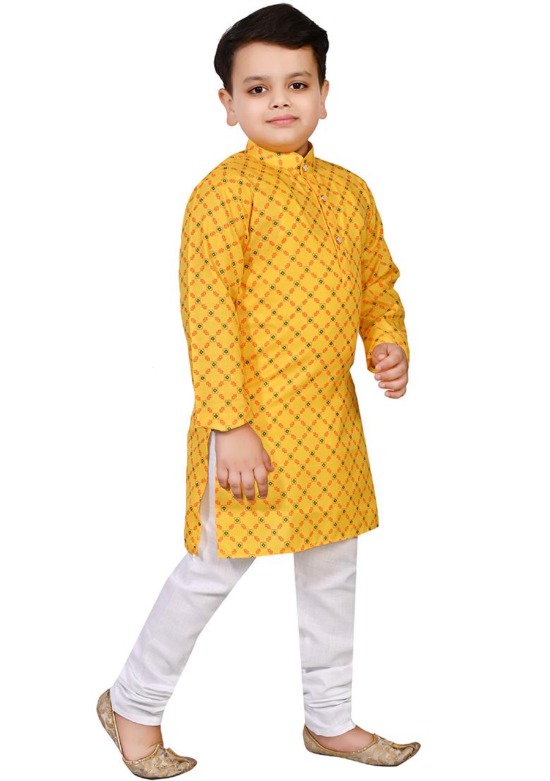 Yellow Printed Cotton Blend Kurta Set For Boys - Indya