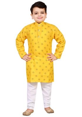 Yellow Printed Cotton Blend Kurta Set For Boys
