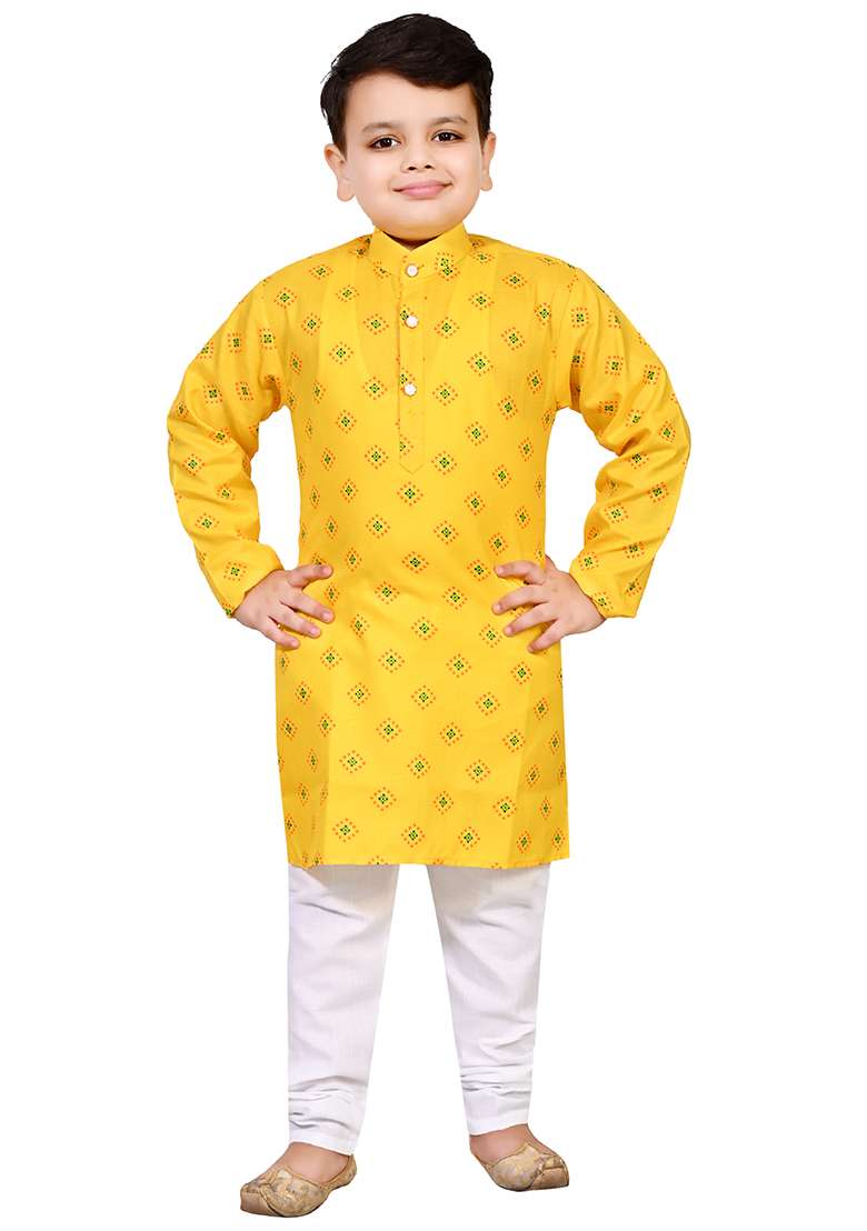 Yellow Printed Cotton Blend Kurta Set For Boys - Indya