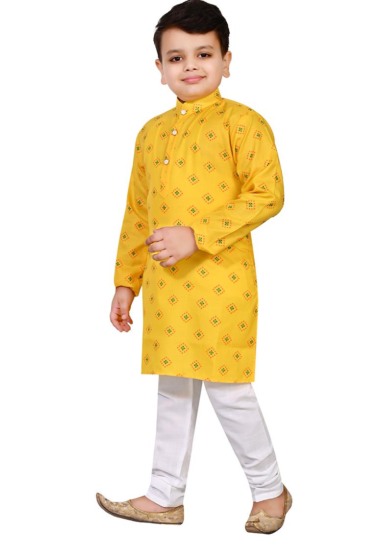 Yellow Printed Cotton Blend Kurta Set For Boys - Indya