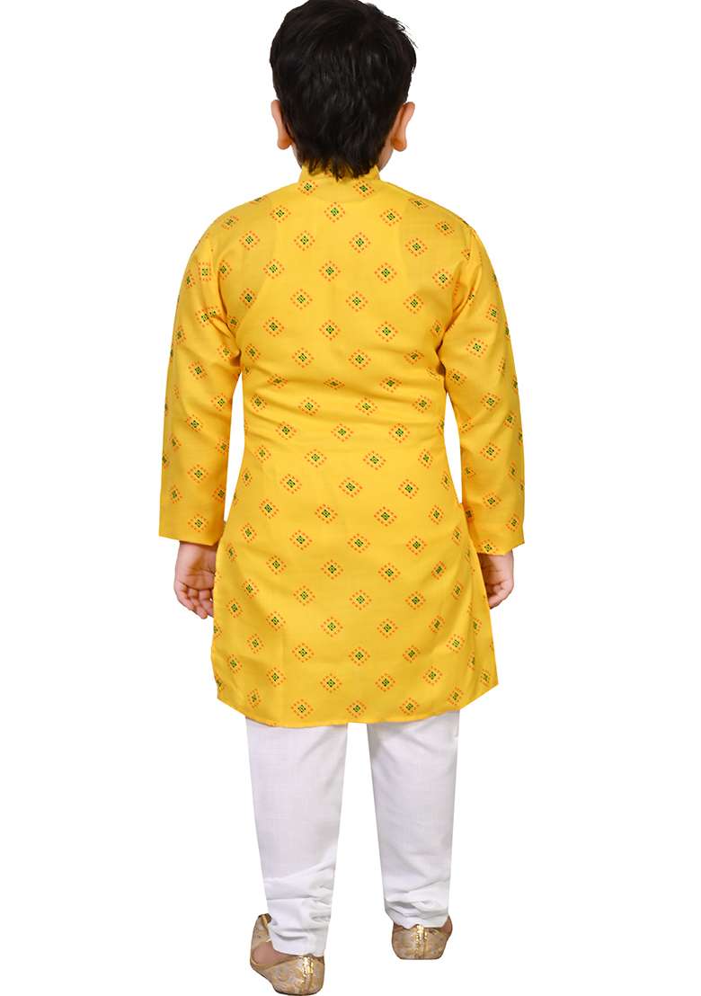 Yellow Printed Cotton Blend Kurta Set For Boys - Indya