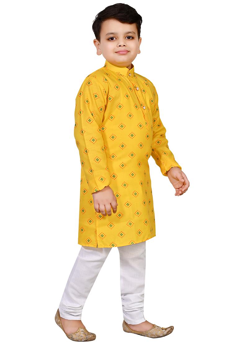 Yellow Printed Cotton Blend Kurta Set For Boys - Indya