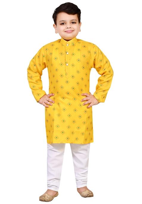 Yellow Printed Cotton Blend Kurta Set For Boys