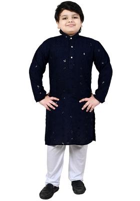 Blue Embroidered Cotton Blend Kurta Set For Boys