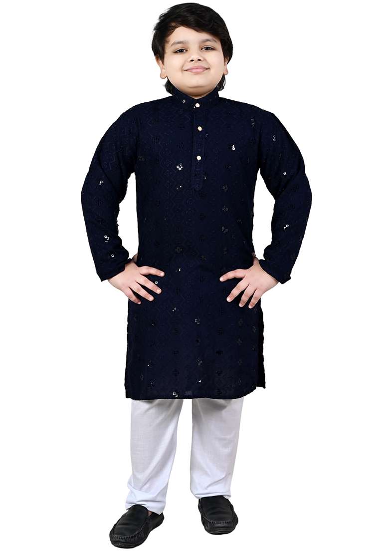 Blue Embroidered Cotton Blend Kurta Set For Boys - Indya