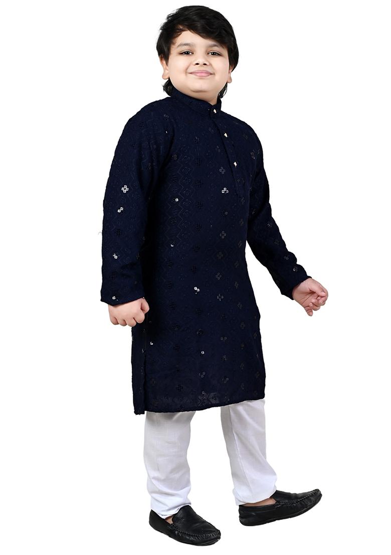 Blue Embroidered Cotton Blend Kurta Set For Boys - Indya