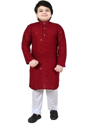 Red Embroidered Cotton Blend Kurta Set For Boys