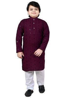 Wine Embroidered Cotton Blend Kurta Set For Boys