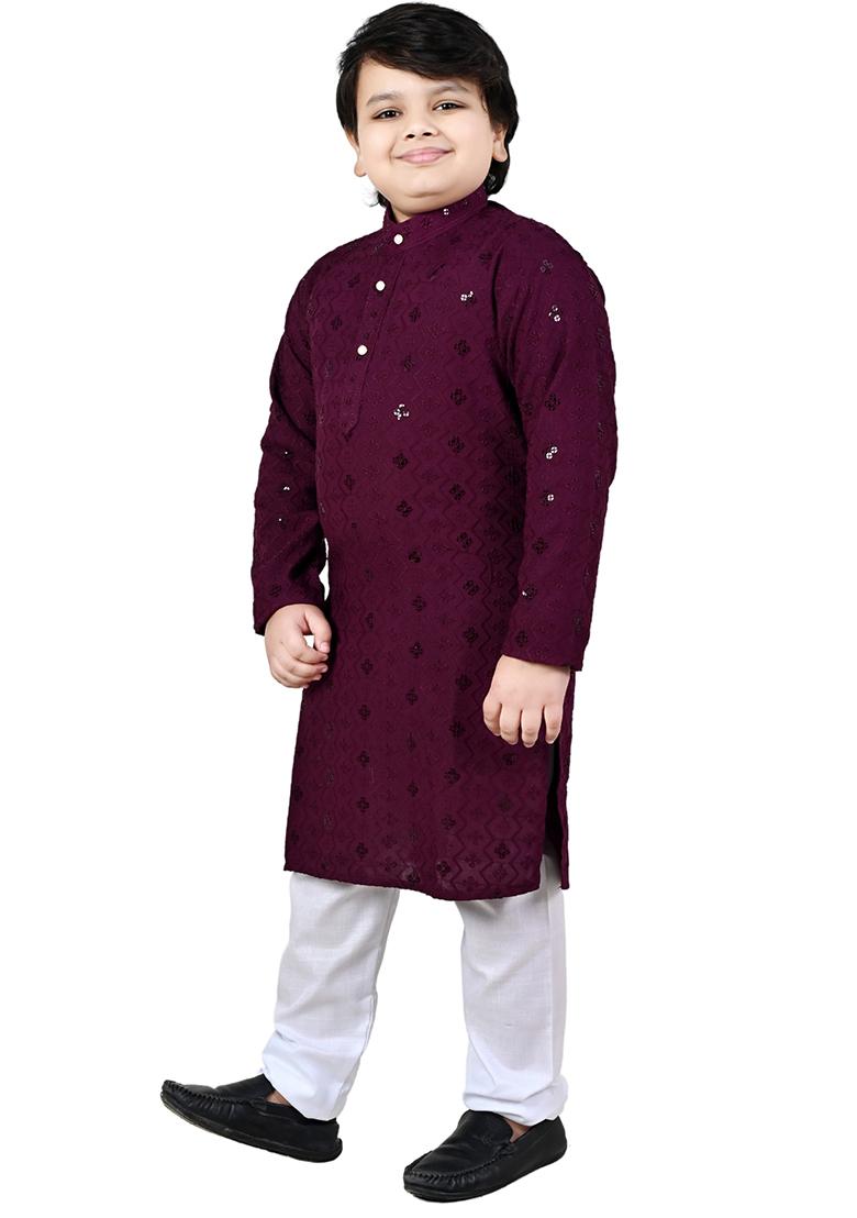Wine Embroidered Cotton Blend Kurta Set For Boys - Indya
