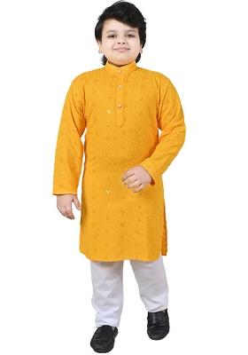 Yellow Embroidered Cotton Blend Kurta Set For Boys