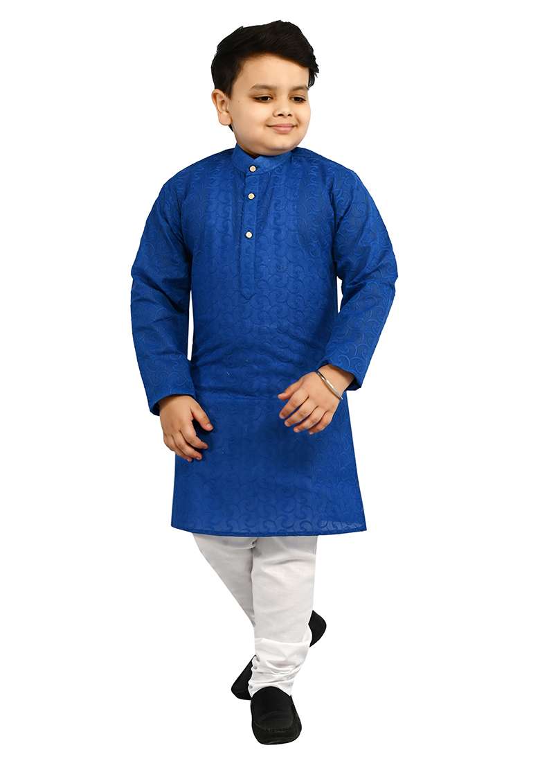 Blue Embroidered Cotton Blend Kurta Set For Boys - Indya