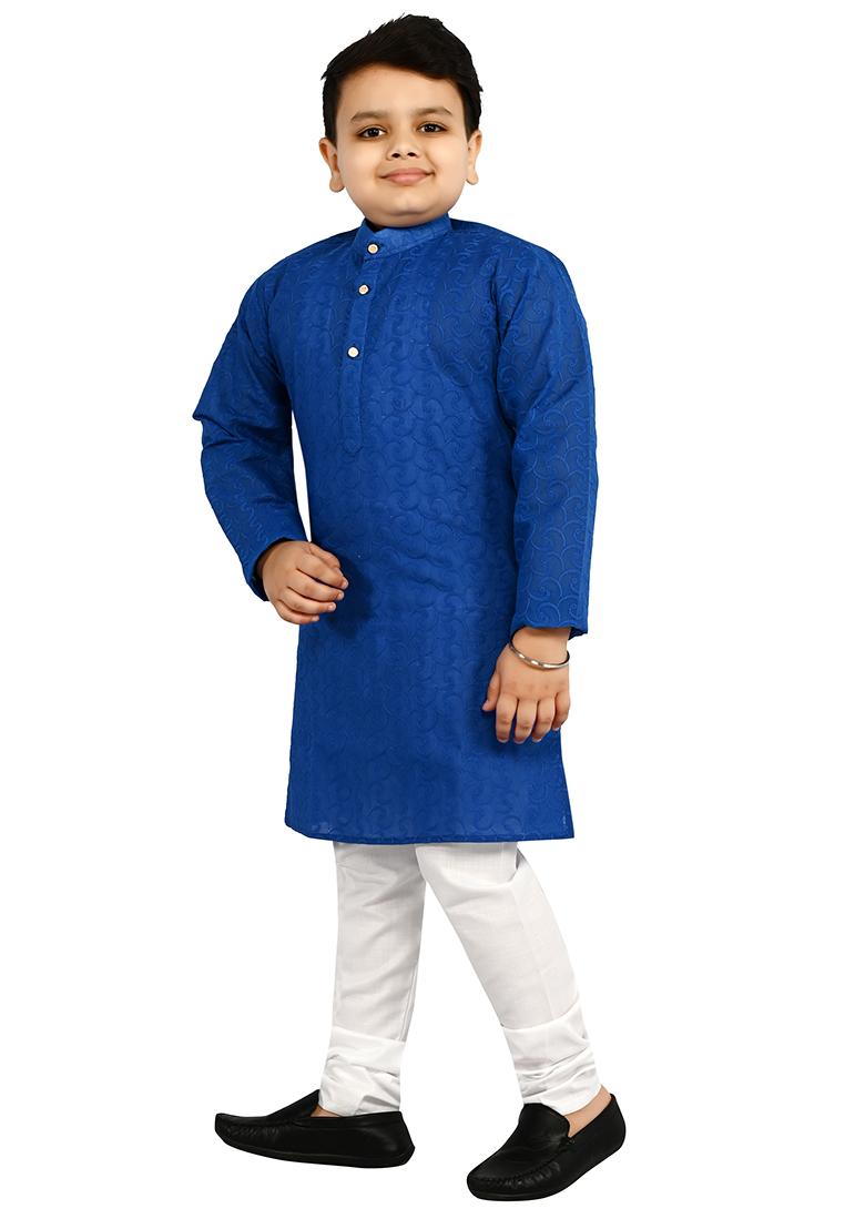 Blue Embroidered Cotton Blend Kurta Set For Boys - Indya