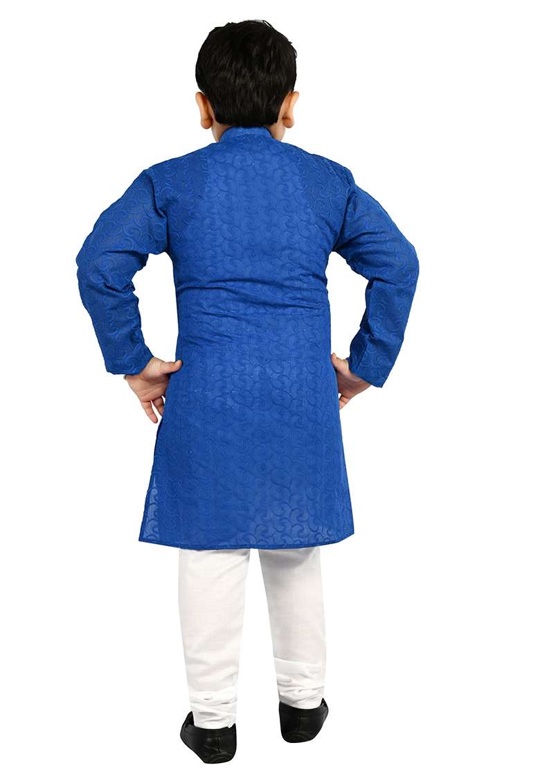 Blue Embroidered Cotton Blend Kurta Set For Boys - Indya