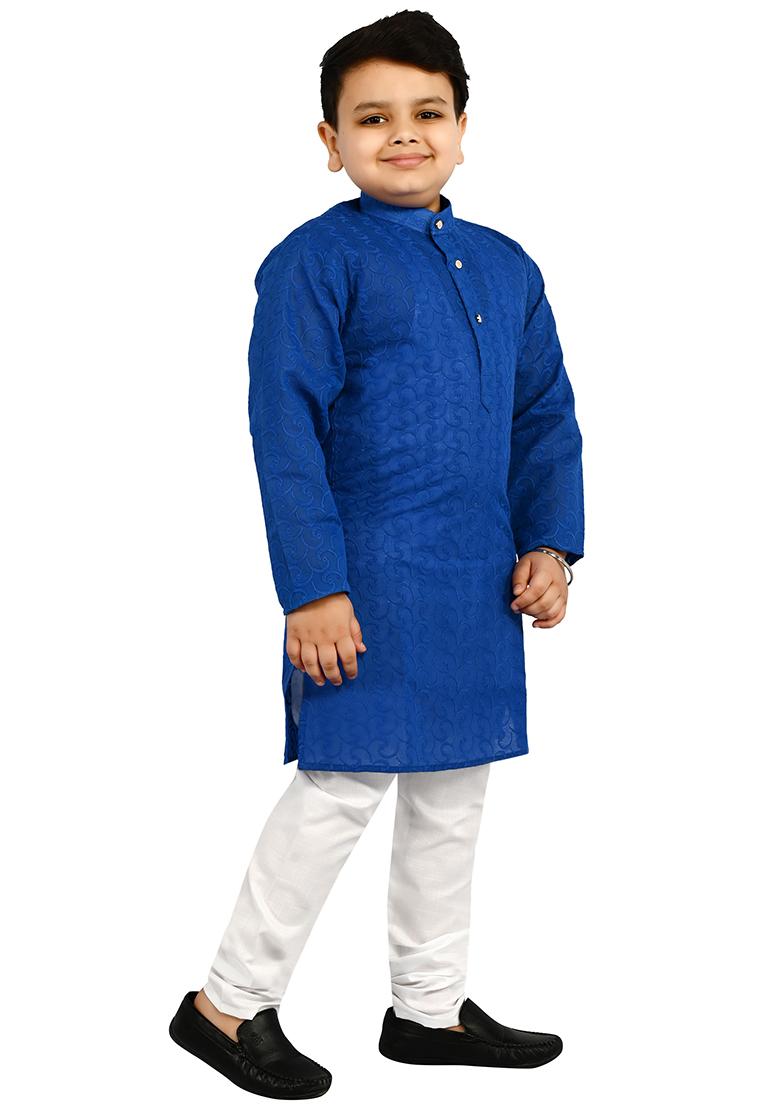 Blue Embroidered Cotton Blend Kurta Set For Boys - Indya