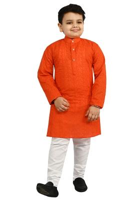Red Embroidered Cotton Blend Kurta Set For Boys