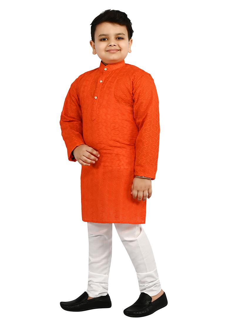 Red Embroidered Cotton Blend Kurta Set For Boys - Indya