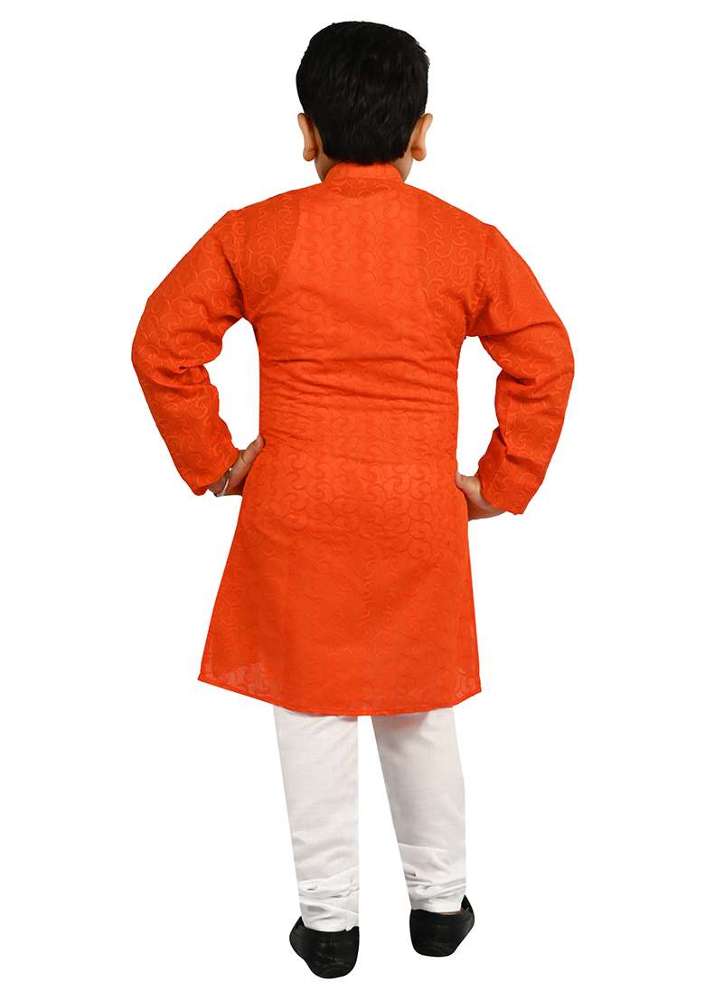 Red Embroidered Cotton Blend Kurta Set For Boys - Indya