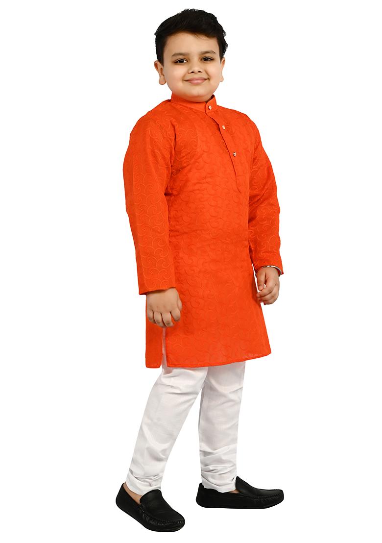 Red Embroidered Cotton Blend Kurta Set For Boys - Indya