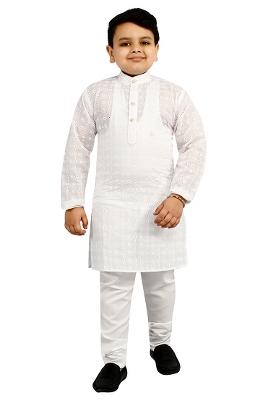 Wine Embroidered Cotton Blend Kurta Set For Boys