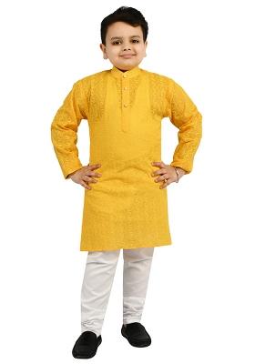 Yellow Embroidered Cotton Blend Kurta Set For Boys