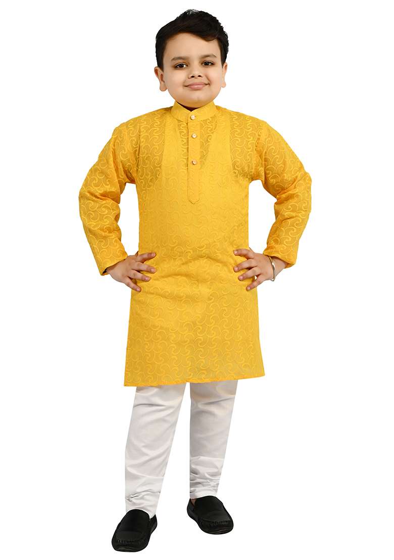Yellow Embroidered Cotton Blend Kurta Set For Boys - Indya