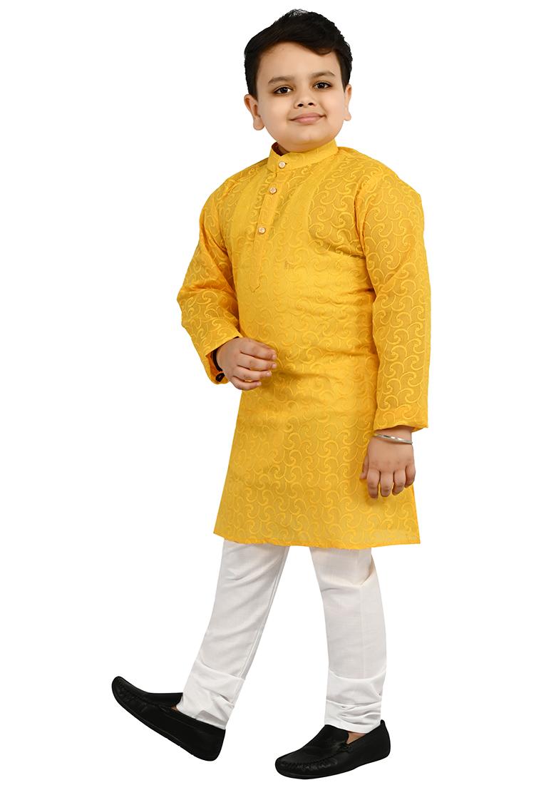 Yellow Embroidered Cotton Blend Kurta Set For Boys - Indya