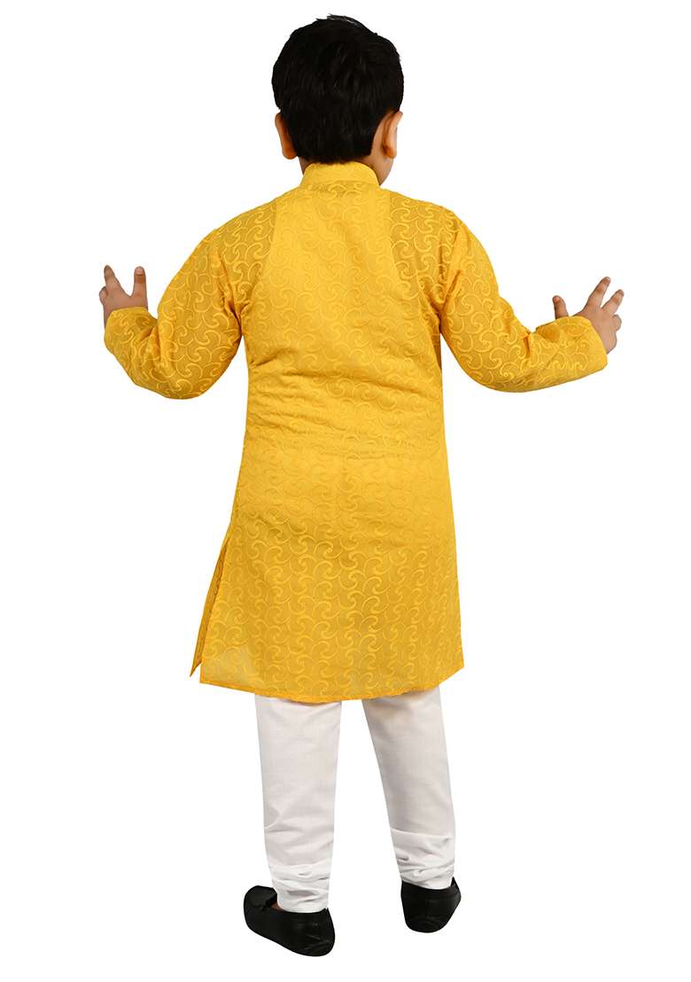 Yellow Embroidered Cotton Blend Kurta Set For Boys - Indya