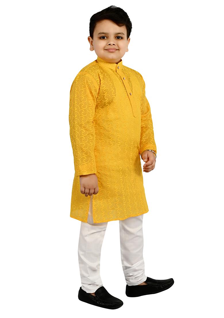 Yellow Embroidered Cotton Blend Kurta Set For Boys - Indya