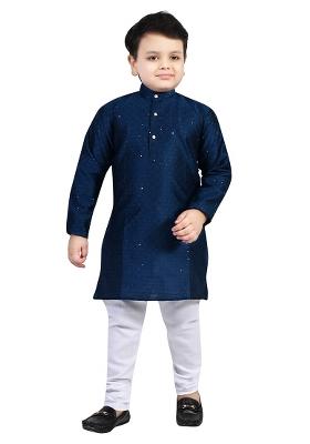 Blue Printed Cotton Blend Kurta Set For Boys