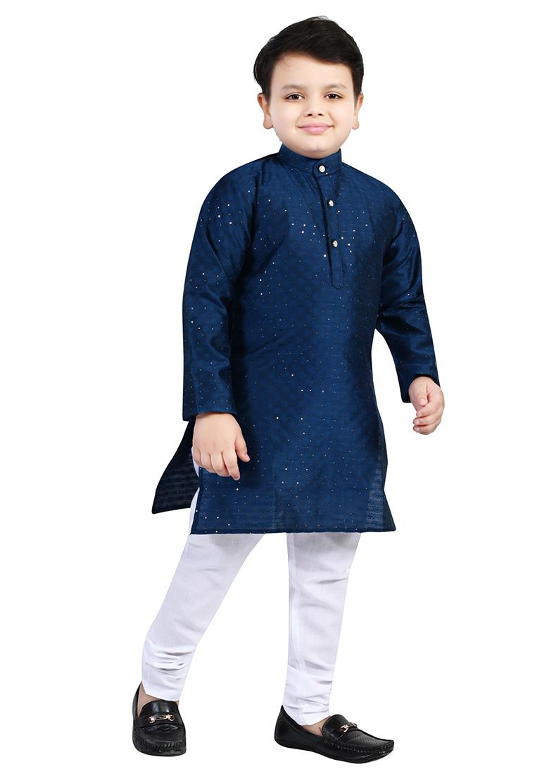 Blue Printed Cotton Blend Kurta Set For Boys - Indya