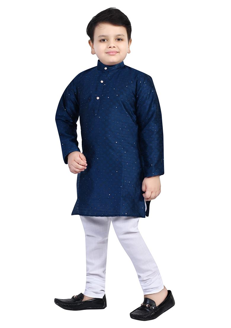 Blue Printed Cotton Blend Kurta Set For Boys - Indya