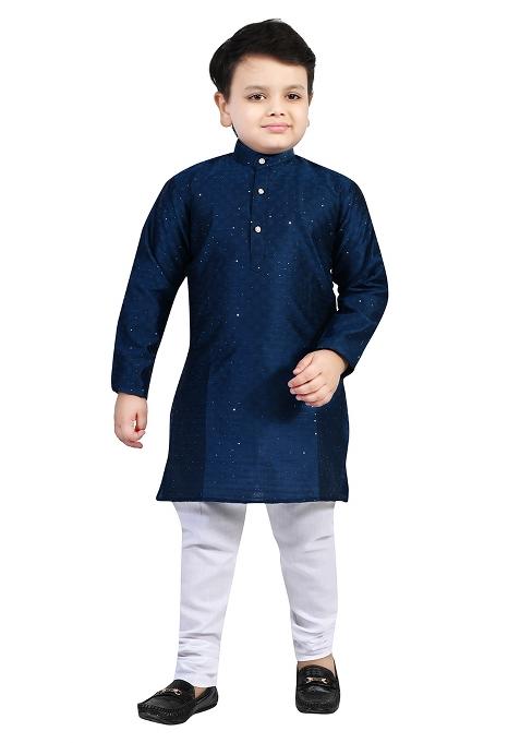 Blue Printed Cotton Blend Kurta Set For Boys