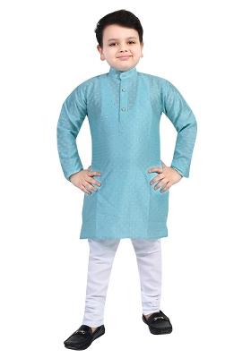 Blue Printed Cotton Blend Kurta Set For Boys