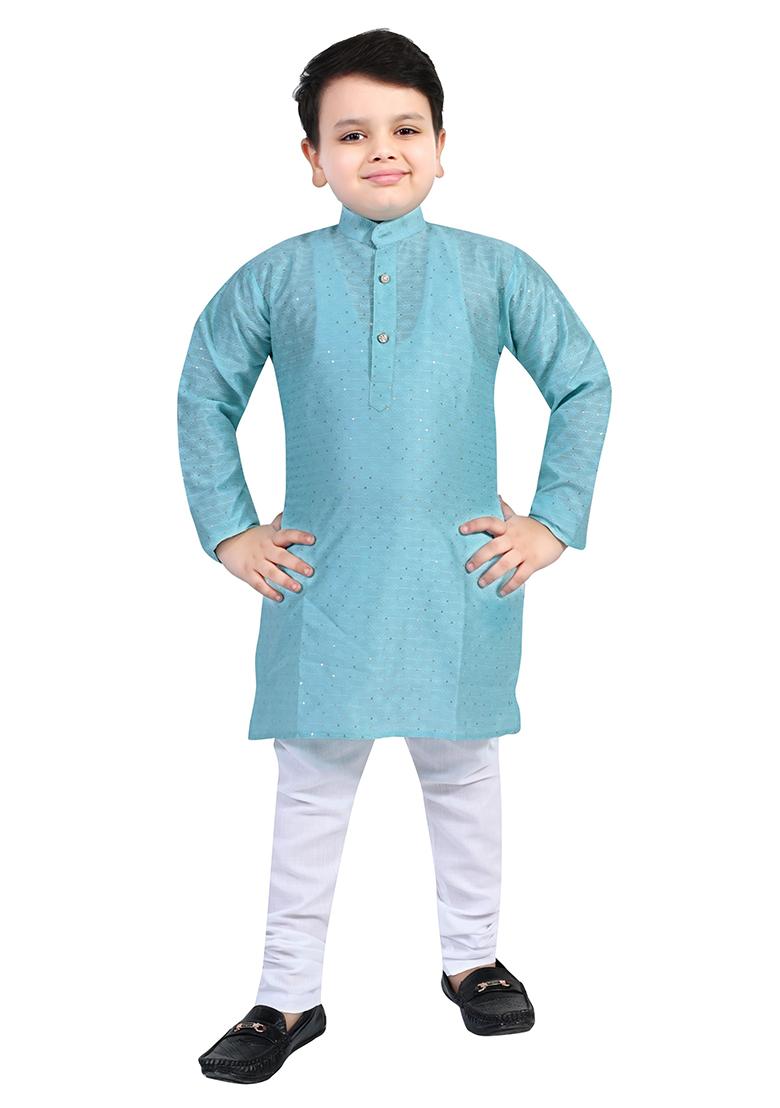 Blue Printed Cotton Blend Kurta Set For Boys - Indya