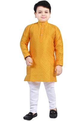 Yellow Printed Cotton Blend Kurta Set For Boys