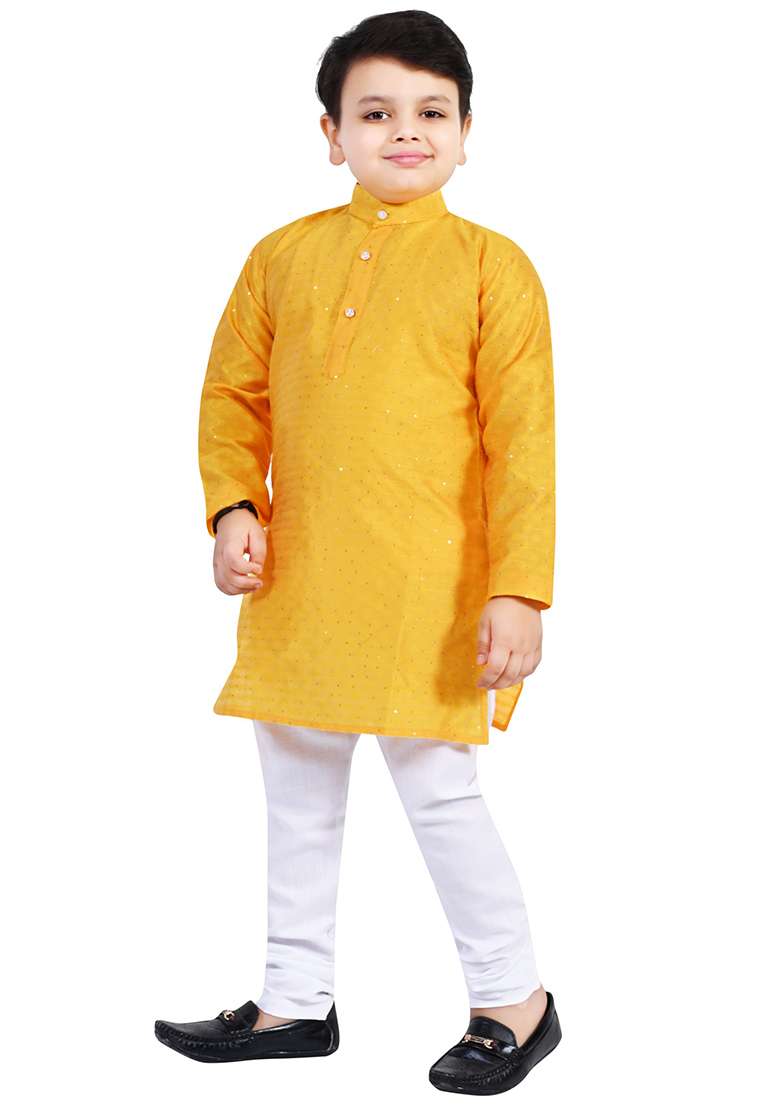 Yellow Printed Cotton Blend Kurta Set For Boys - Indya