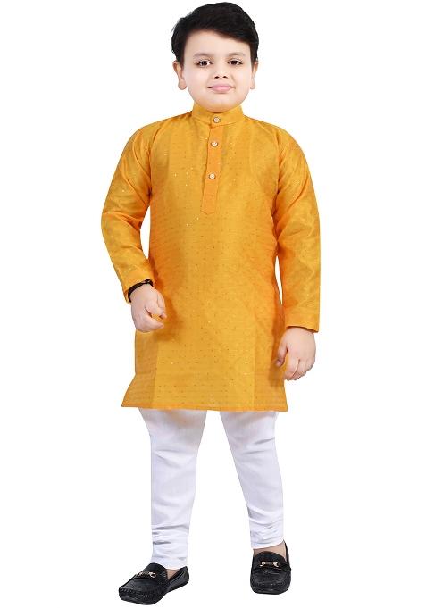 Yellow Printed Cotton Blend Kurta Set For Boys