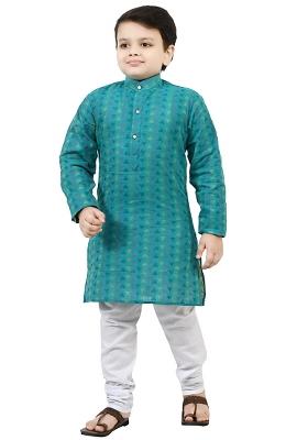 Blue Printed Cotton Blend Kurta Set For Boys