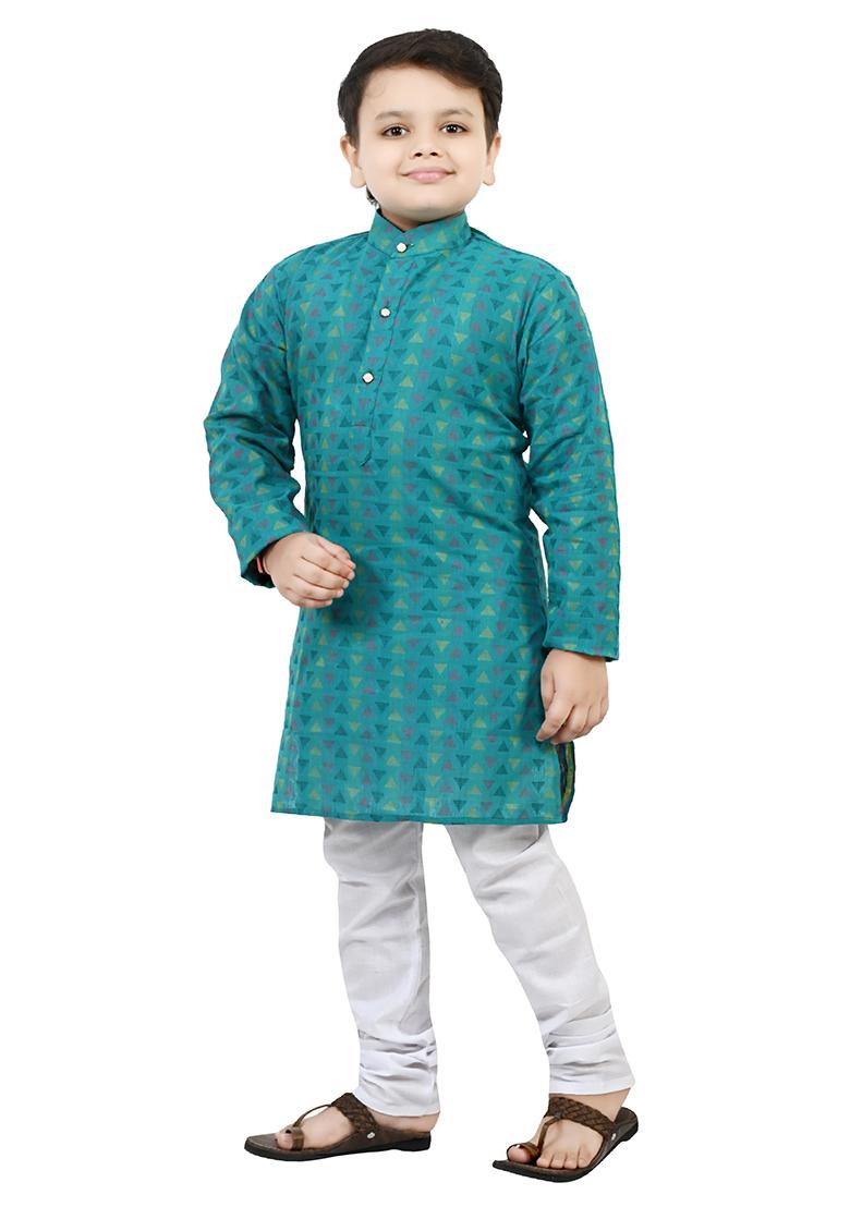 Blue Printed Cotton Blend Kurta Set For Boys - Indya