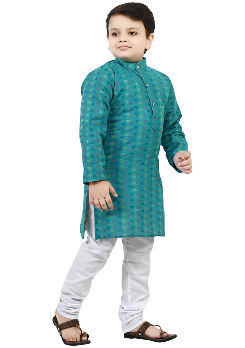 Blue Printed Cotton Blend Kurta Set For Boys - Indya