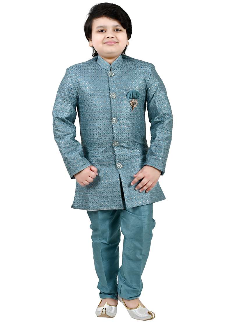 Blue Jacquard Jacquard Boys Sherwani - Indya