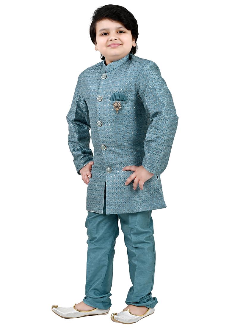 Blue Jacquard Jacquard Boys Sherwani - Indya